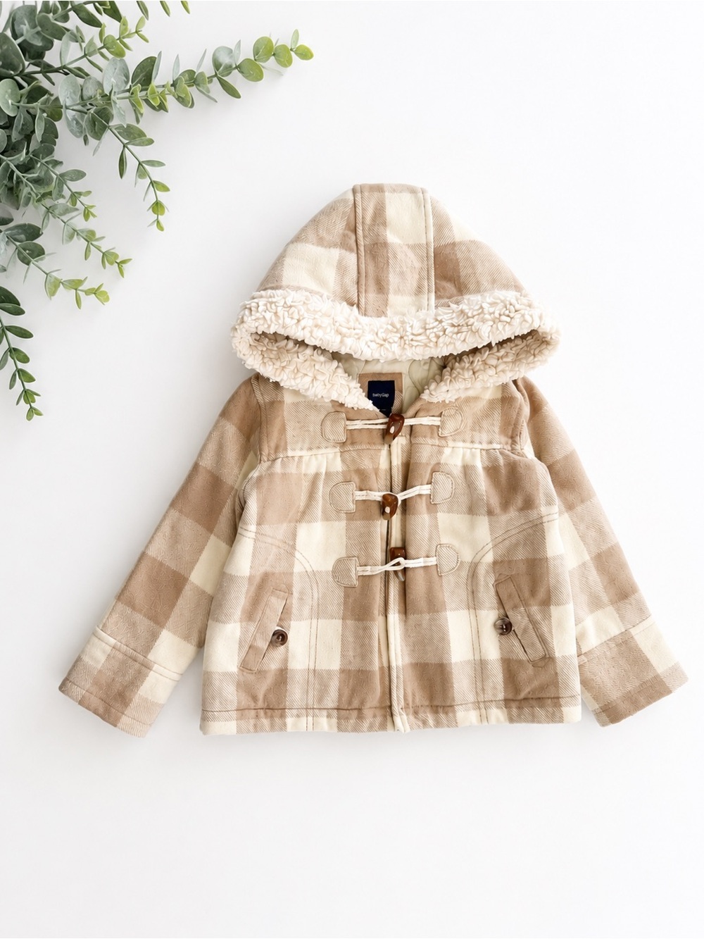 Baby Gap Wool Hooded Winter Coat Toggle Plaid Jacket 3T Toddler